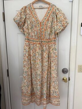Women's Floral Maxi Dress - Cream & Orange